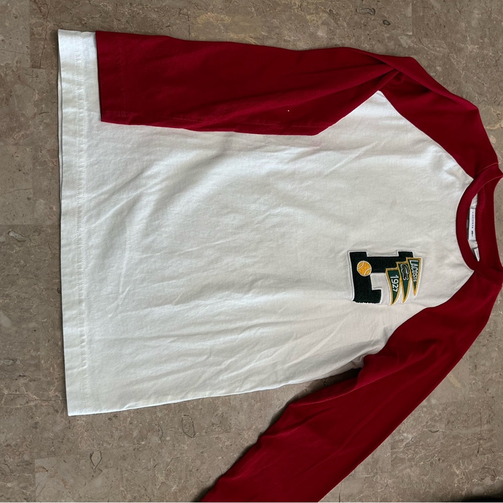 Long sleeve lacoste shirt use color white and red for boys size 8
